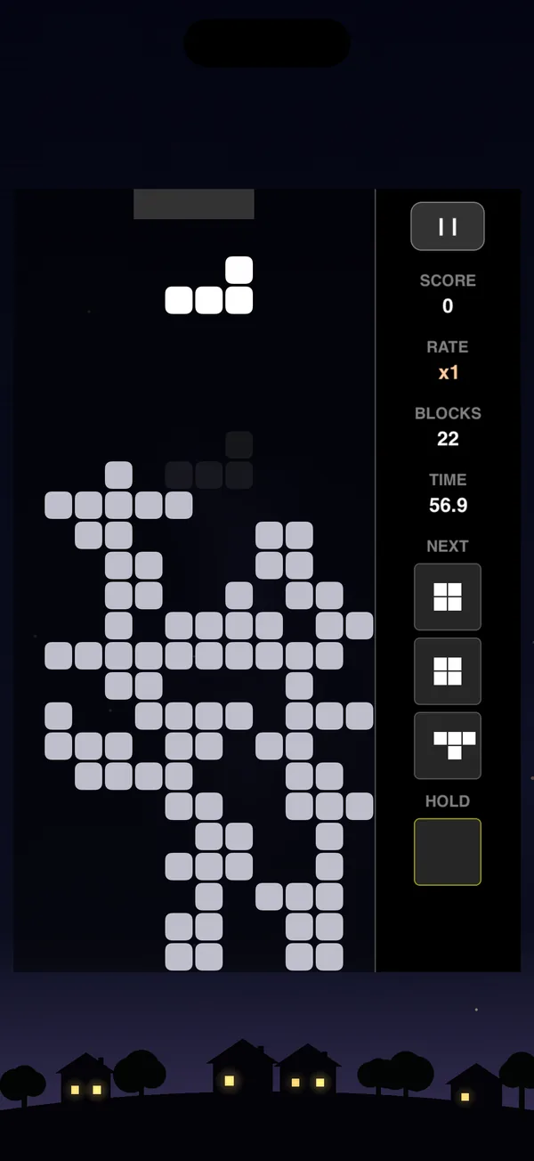 TORECTAのゲーム画面。12列の盤面に積まれたブロックと、下端に灯る集落の窓